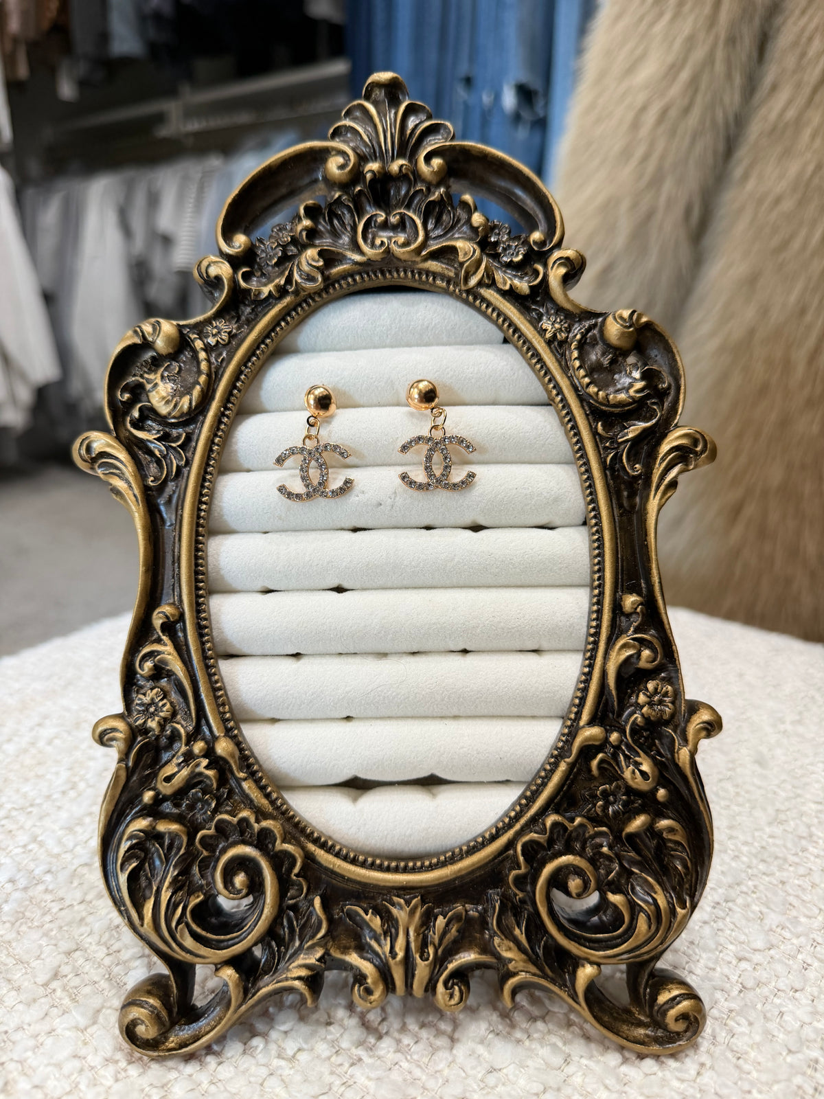 LUXURY INSPIRED CC GOLD DIAMOND DANGLE EARRINGS