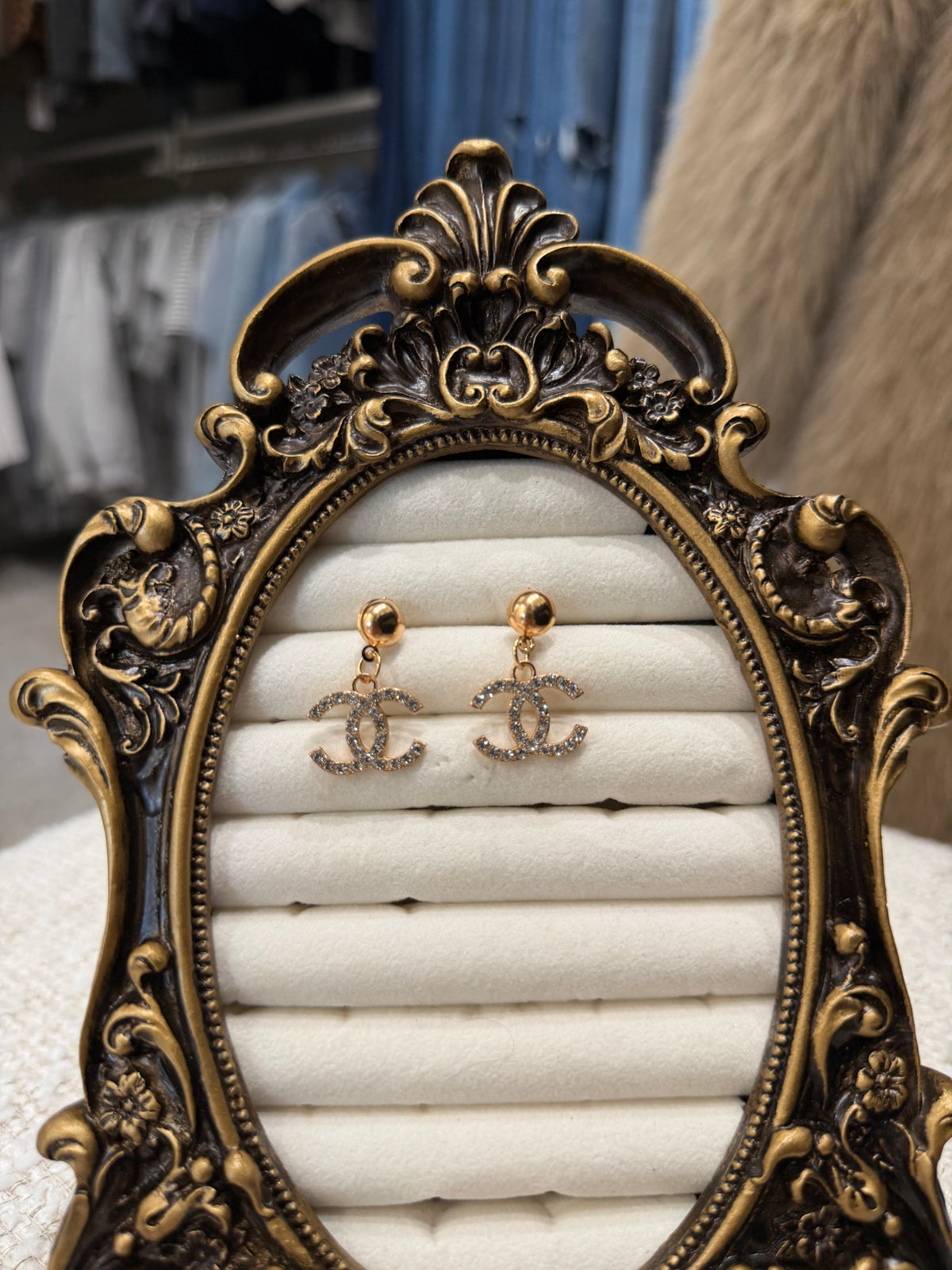 LUXURY INSPIRED CC GOLD DIAMOND DANGLE EARRINGS