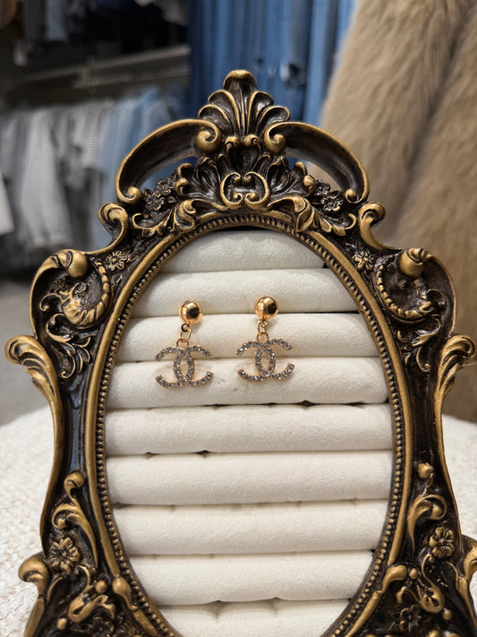 LUXURY INSPIRED CC GOLD DIAMOND DANGLE EARRINGS
