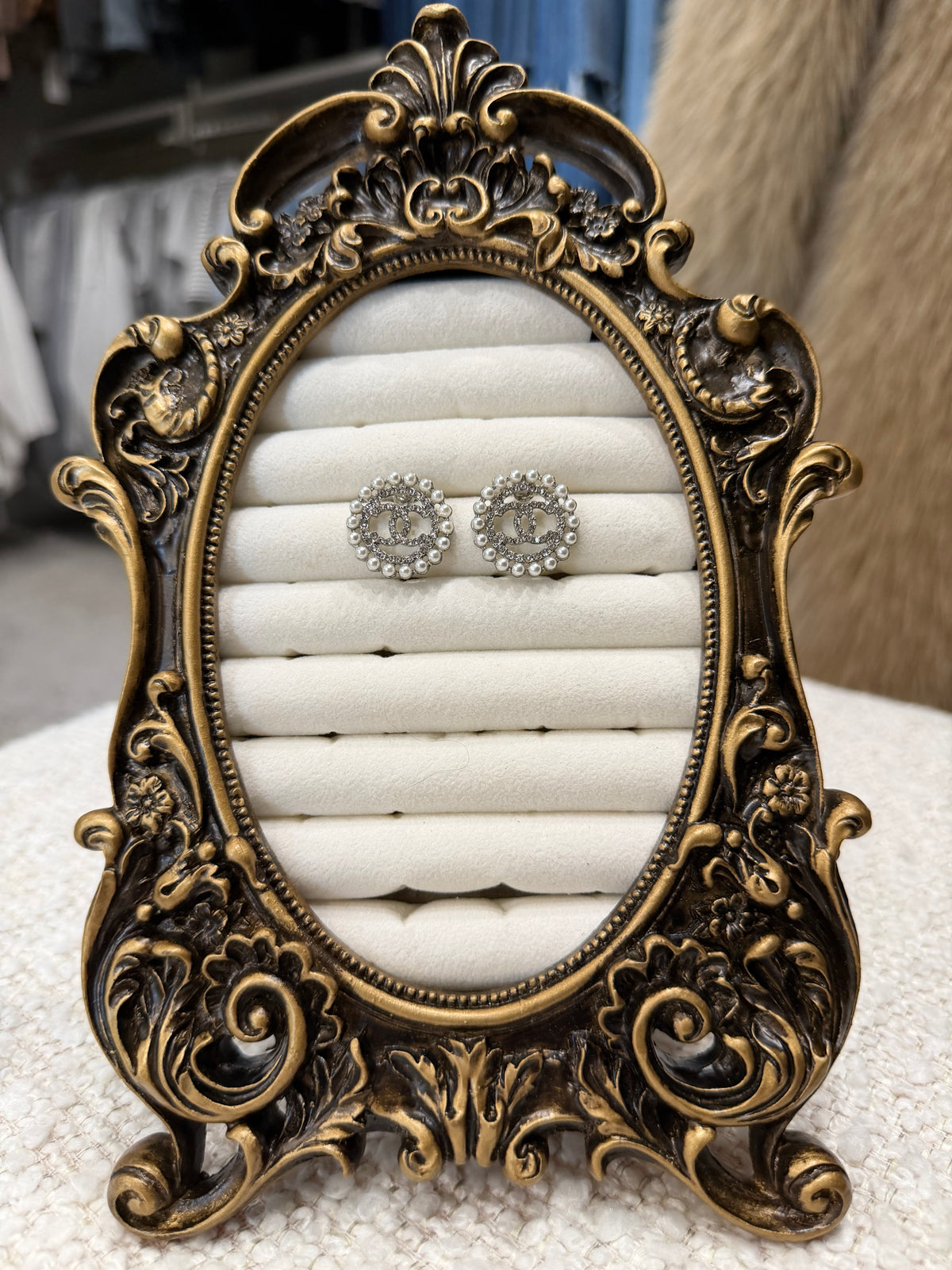 LUXURY INSPIRED CC SILVER PEARL EARRINGS